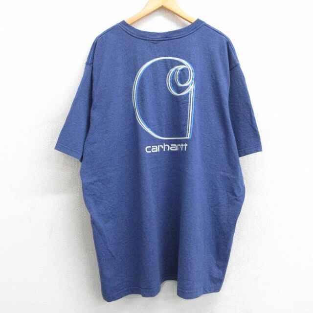 XL★古着 カーハート Carhartt 半袖 ブランド Tシャツ メンズ ビッグロゴ 胸ポケット付き 大きいサイズ ロング丈 クルーネック 紺 ネイビー 霜降り 25jul01 中古