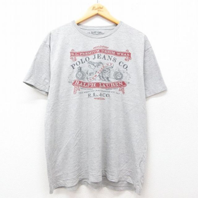 XL★古着 ラルフローレン Ralph Lauren ポロジーンズ 半袖 ブランド Tシャツ メンズ ビッグロゴ 大きいサイズ クルーネック グレー 霜降り 25jul02 中古