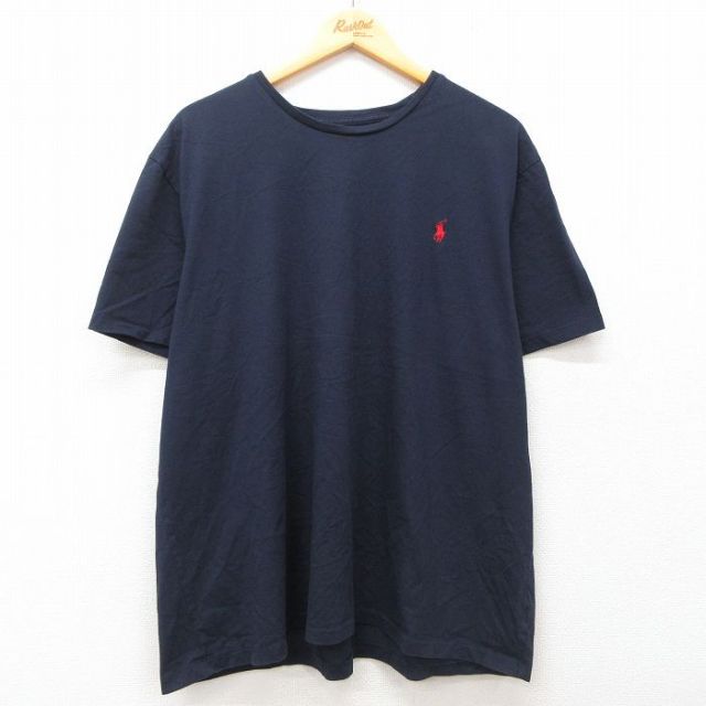 XL★古着 ラルフローレン Ralph Lauren 半袖 ブランド Tシャツ メンズ ワンポイントロゴ 大きいサイズ コットン クルーネック 紺 ネイビー 25jul02 中古