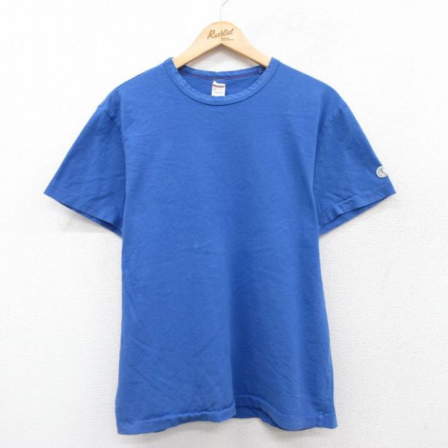 【50%OFF】L★古着 チャンピオン champion 半袖 ブランド Tシャツ メンズ 無地 ランナーズタグ クルーネック カナダ製 青 ブルー 25jul19 中古