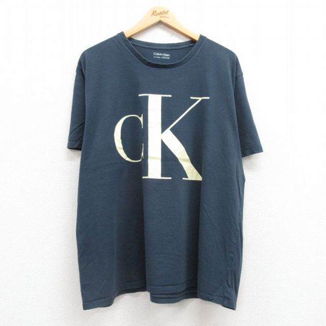 XL★古着 カルバンクライン Calvin Klein 半袖 ブランド Tシャツ メンズ ビッグロゴ 大きいサイズ コットン クルーネック 濃紺 ネイビー 25jul22 中古