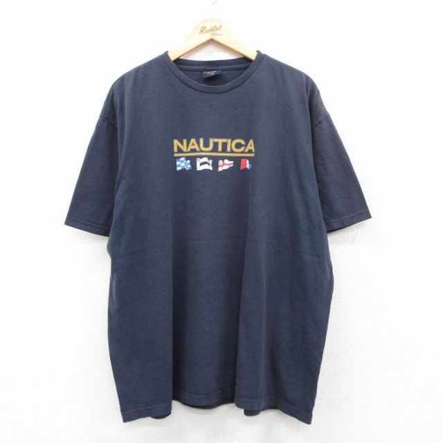 XL★古着 ノーティカ NAUTICA 半袖 ブランド Tシャツ メンズ ビッグロゴ 大きいサイズ コットン クルーネック カナダ製 濃紺 ネイビー 【spe】 25jul25 中古