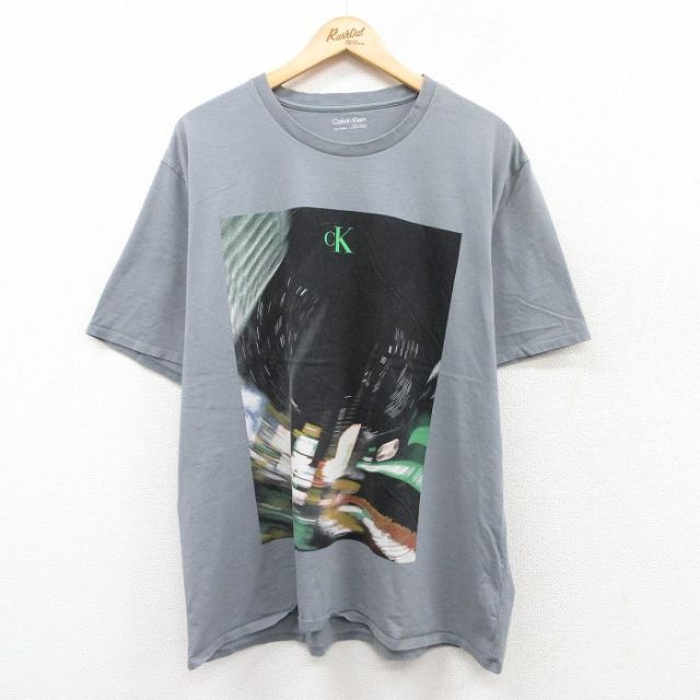 XL★古着 カルバンクライン Calvin Klein 半袖 ブランド Tシャツ メンズ ワンポイントロゴ 写真 大きいサイズ コットン クルーネック 濃グレー 25jul25 中古