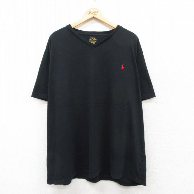 XL★古着 ラルフローレン Ralph Lauren 半袖 ブランド Tシャツ メンズ ワンポイントロゴ 大きいサイズ コットン Vネック 黒 ブラック 25jul25 中古