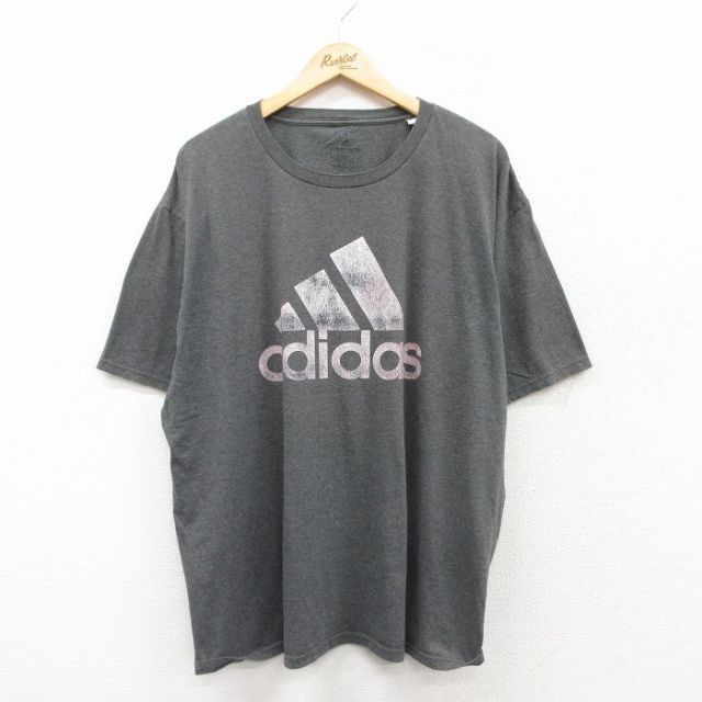 XL★古着 アディダス adidas 半袖 ブランド Tシャツ メンズ ビッグロゴ 大きいサイズ クルーネック 濃グレー 霜降り 25jul25 中古