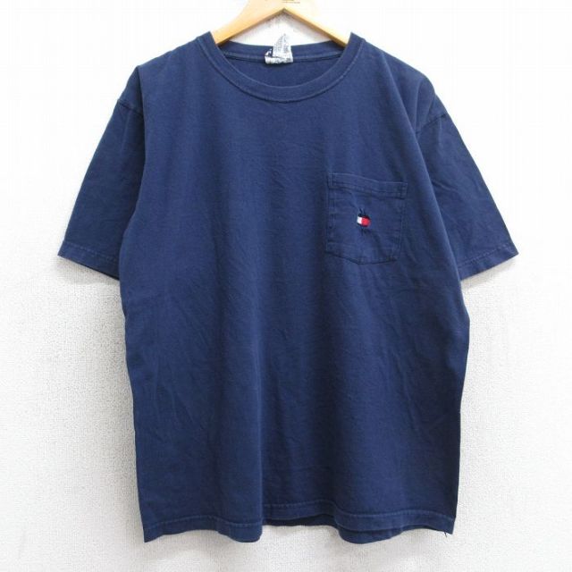 XL★古着 トミーヒルフィガー TOMMY HILFIGER 半袖 ブランド Tシャツ メンズ 90年代 90s ワンポイントロゴ 胸ポケット付き コットン クルーネック 紺 ネイビー 25jul30 中古