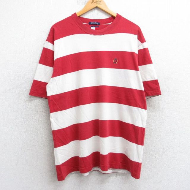 L★古着 トミーヒルフィガー TOMMY HILFIGER 半袖 ブランド Tシャツ メンズ 90年代 90s ワンポイントロゴ コットン クルーネック 赤他 レッド ボーダー 【spe】 25jul30 中古