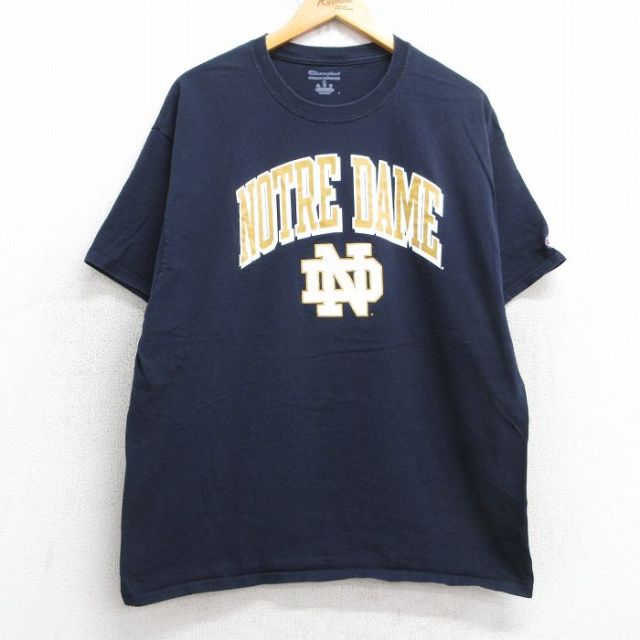 XL★古着 チャンピオン champion 半袖 ブランド Tシャツ メンズ ノートルダム クルーネック 紺 ネイビー 25jul30 中古