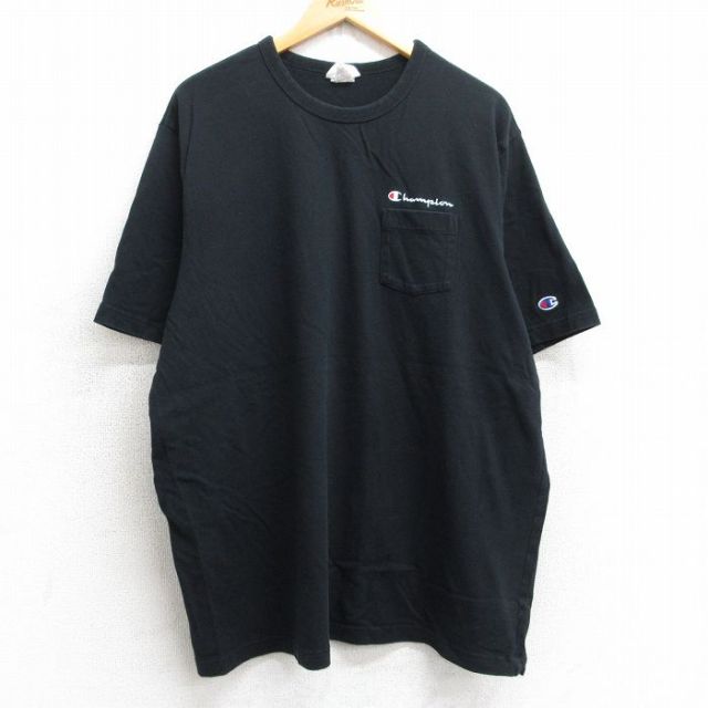 【50%OFF】XL★古着 チャンピオン champion 半袖 ブランド Tシャツ メンズ ワンポイントロゴ 胸ポケット付き 大きいサイズ コットン クルーネック 黒 ブラック 25aug06 中古