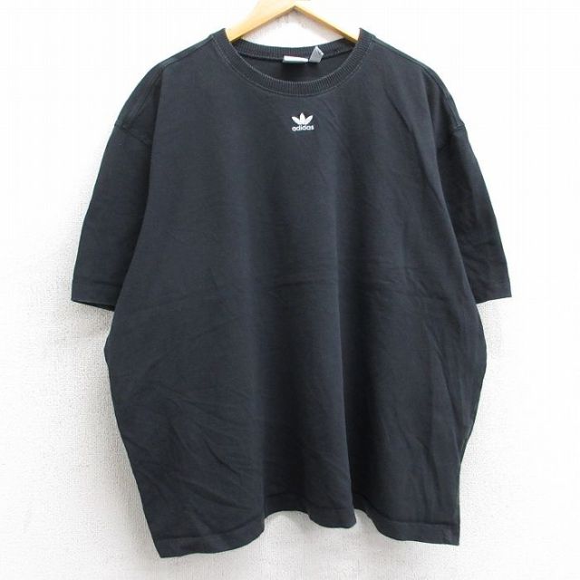 XL★古着 アディダス adidas 半袖 ブランド Tシャツ メンズ ワンポイントロゴ リーフ トレフォイル 大きいサイズ クルーネック 黒s ブラック 【spe】 25aug06 中古