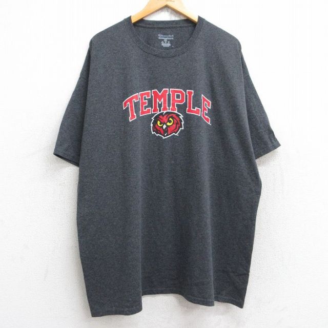 XL★古着 チャンピオン champion 半袖 ブランド Tシャツ メンズ TEMPLE フクロウ 大きいサイズ ロング丈 クルーネック 濃グレー 霜降り 25aug19 中古