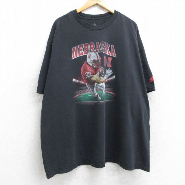 XL★古着 アディダス adidas 半袖 ブランド Tシャツ メンズ ネブラスカ ハスキーズ 大きいサイズ ロング丈 クルーネック 黒 ブラック 25aug19 中古