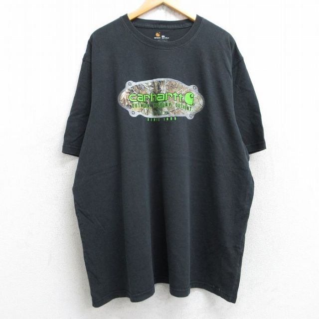 XL★古着 カーハート Carhartt 半袖 ブランド Tシャツ メンズ ビッグロゴ リアルツリー 大きいサイズ ロング丈 コットン クルーネック 黒 ブラック 25aug19 中古