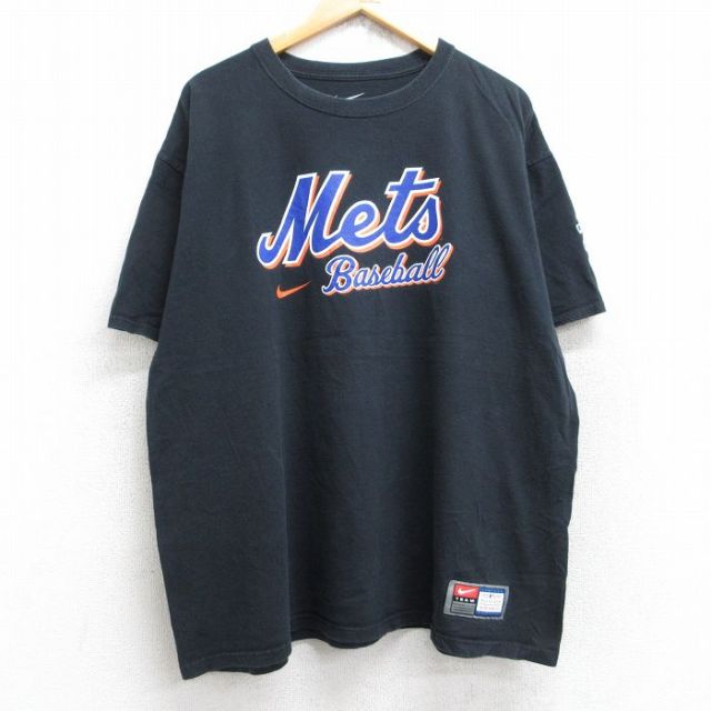 XL★古着 ナイキ NIKE 半袖 ブランド Tシャツ メンズ MLB ニューヨークメッツ 大きいサイズ コットン クルーネック 黒 ブラック メジャーリーグ ベースボール 野球 25aug19 中古