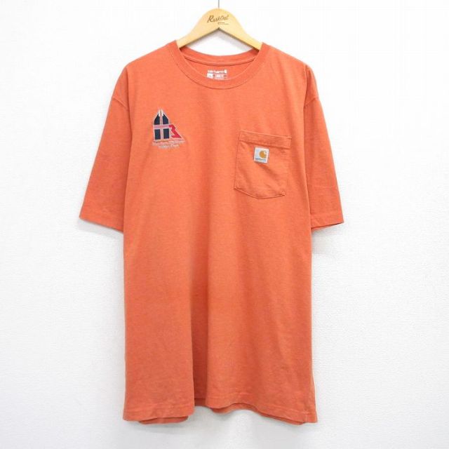 XL★古着 カーハート Carhartt 半袖 ブランド Tシャツ メンズ ワンポイントロゴ manufacturing 胸ポケット付き 大きいサイズ ロング丈 クルーネック オレンジ 25aug20 中古