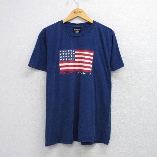 【20%OFF】XL★古着 ラルフローレン Ralph Lauren ポロジーンズ 半袖 ブランド Tシャツ メンズ 00年代 00s ビッグロゴ 星条旗 大きいサイズ コットン クルーネック 紺 ネイビー 【spe】 25aug20 中古