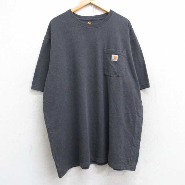 【50%OFF】XL★古着 カーハート Carhartt 半袖 ブランド Tシャツ メンズ ワンポイントロゴ 胸ポケット付き 大きいサイズ ロング丈 クルーネック 濃グレー 霜降り 【spe】 25aug25 中古