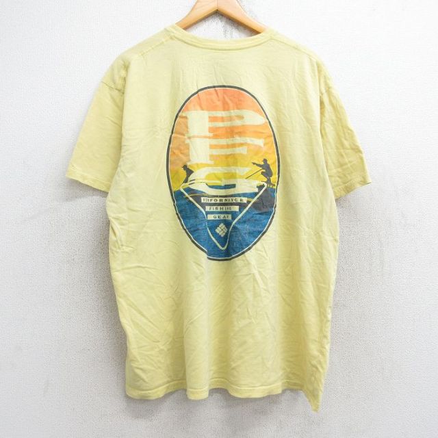 XL★古着 コロンビア COLUMBIA 半袖 ブランド Tシャツ メンズ PFG 釣り 大きいサイズ コットン クルーネック 薄黄 イエロー 25aug25 中古