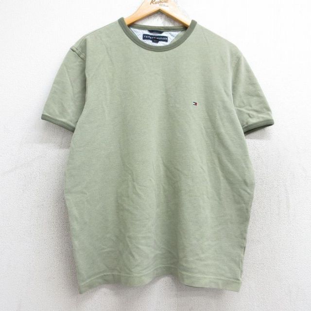 【50%OFF】L★古着 トミーヒルフィガー TOMMY HILFIGER 半袖 ブランド Tシャツ メンズ ワンポイントロゴ 鹿の子 クルーネック 薄緑 グリーン リンガー 25aug25 中古