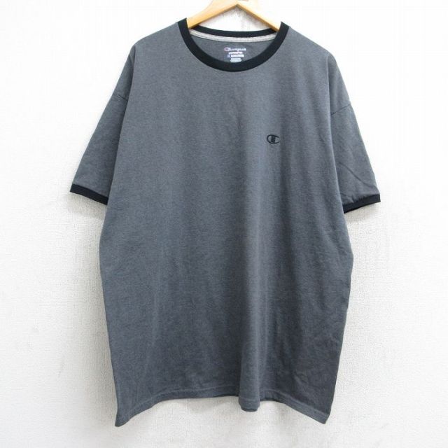 【50%OFF】XL★古着 チャンピオン Champion 半袖 ブランド Tシャツ メンズ ワンポイントロゴ 大きいサイズ ロング丈 クルーネック 濃グレー 霜降り リンガー 25aug25 中古