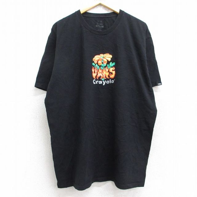XL★古着 バンズ VANS 半袖 ブランド Tシャツ メンズ ビッグロゴ 花 クレオラ 大きいサイズ コットン クルーネック 黒 ブラック 25aug25 中古
