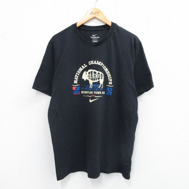 【50%OFF】XL★古着 ナイキ NIKE 半袖 ブランド Tシャツ メンズ ファーゴナショナルチャンピオンシップ 羊 クルーネック 黒 ブラック 25aug25 中古