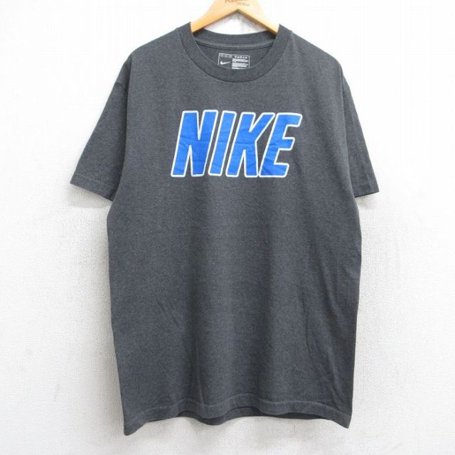 L★古着 ナイキ NIKE 半袖 ブランド Tシャツ メンズ ビッグロゴ コットン クルーネック 濃グレー 霜降り 25aug26 中古