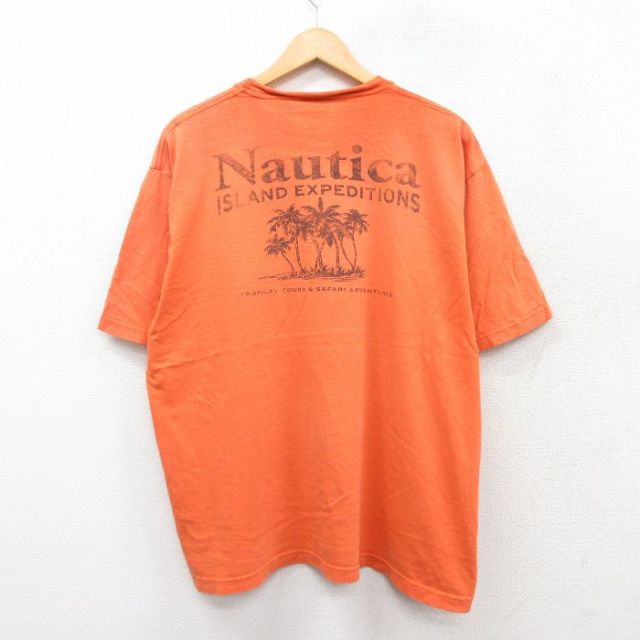 XL★古着 ノーティカ NAUTICA 半袖 ブランド Tシャツ メンズ ビッグロゴ 大きいサイズ コットン クルーネック オレンジ 25aug26 中古