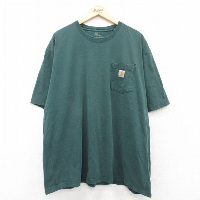 XL★古着 カーハート Carhartt 半袖 ブランド Tシャツ メンズ ワンポイントロゴ 胸ポケット付き 大きいサイズ コットン クルーネック 緑 グリーン 25sep01 中古