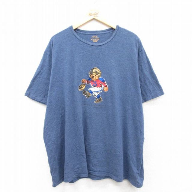 XL★古着 ラルフローレン Ralph Lauren 半袖 ブランド Tシャツ メンズ ポロベア フットボール 大きいサイズ コットン クルーネック 紺 ネイビー 霜降り 【spe】 25sep01 中古