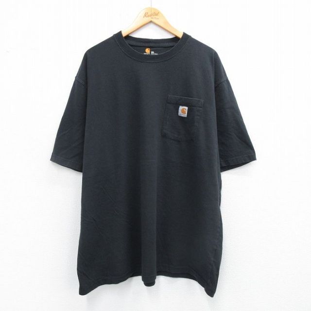 XL★古着 カーハート Carhartt 半袖 ブランド Tシャツ メンズ ワンポイントロゴ 胸ポケット付き 大きいサイズ ロング丈 コットン クルーネック 黒 ブラック 25sep01 中古