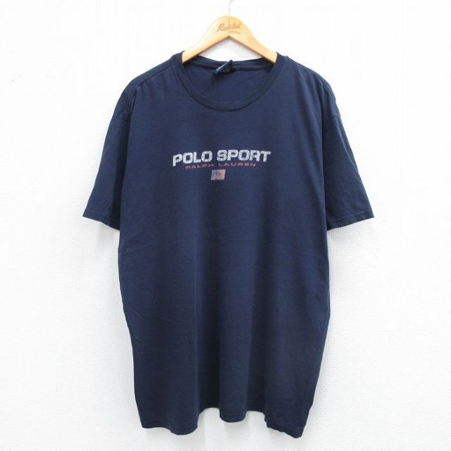 XL★古着 ラルフローレン Ralph Lauren ポロスポーツ 半袖 ブランド Tシャツ メンズ ビッグロゴ 大きいサイズ コットン クルーネック 紺 ネイビー 25sep01 中古