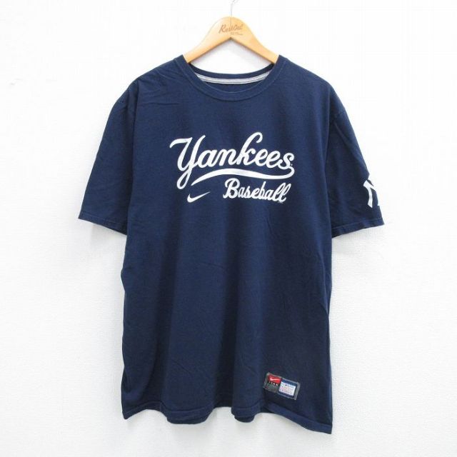 【20%OFF】XL★古着 ナイキ NIKE 半袖 ブランド Tシャツ メンズ MLB ニューヨークヤンキース 大きいサイズ コットン クルーネック 紺 ネイビー メジャーリーグ ベースボール 野球 25sep01 中古