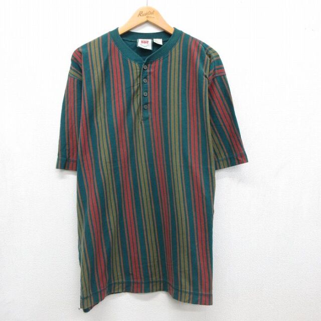 リーバイス 半袖Tシャツ ヘンリーネック グリーンストライプ メンズXL相当 | 古着