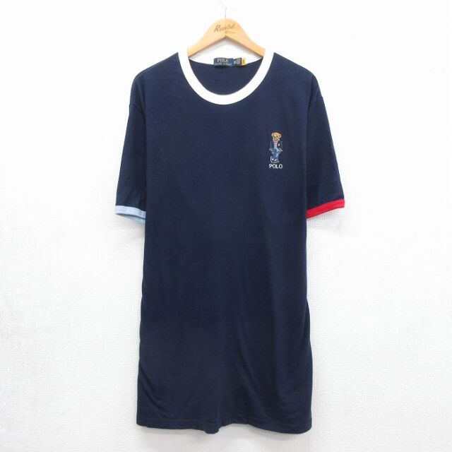 XL★古着 ラルフローレン 半袖 ブランド Tシャツ メンズ ポロベア 大きいサイズ ロング丈 コットン クルーネック ネイビー 26jul06