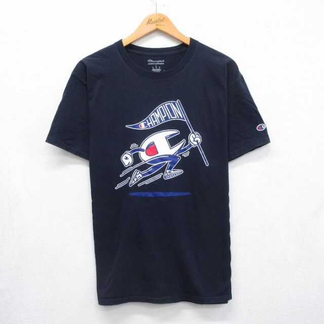 L★古着 チャンピオン champion 半袖 ブランド Tシャツ メンズ ビッグロゴ クルーネック ネイビー 26jul06