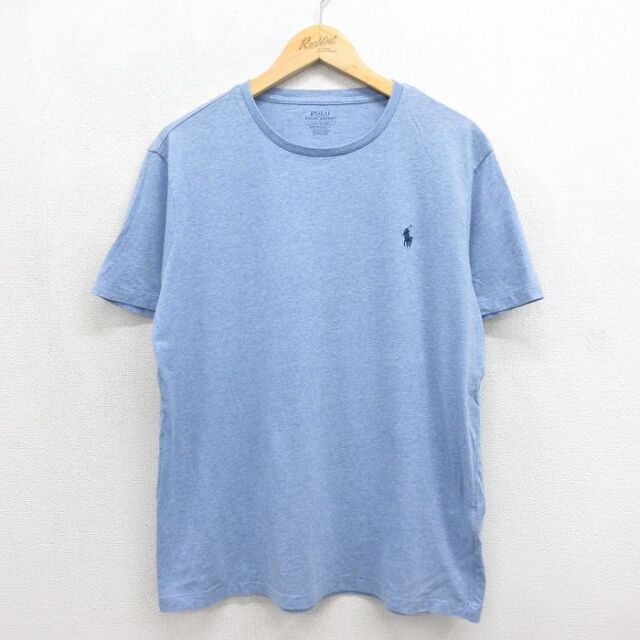 L★古着 ラルフローレン 半袖 ブランド Tシャツ メンズ ワンポイントロゴ コットン クルーネック ライトブルー 霜降り 26jul10