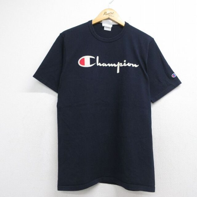 チャンピオン 半袖Tシャツ ビッグロゴフロッキープリント ネイビー メンズL相当 | 古着