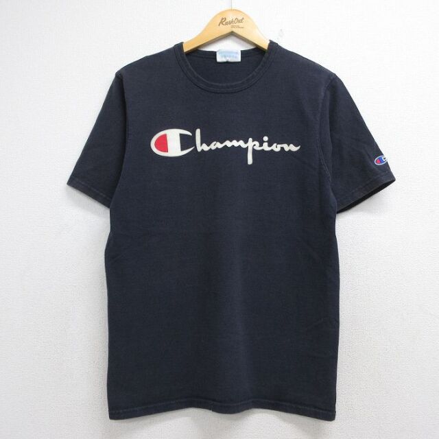 チャンピオン M 半袖Tシャツ ビッグロゴフロッキープリント ネイビー メンズM相当 | 古着