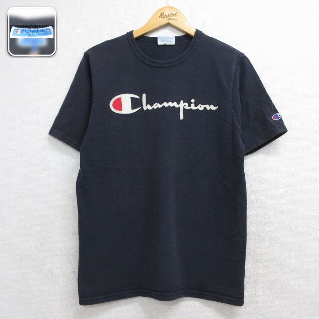 チャンピオン M 半袖Tシャツ ビッグロゴフロッキープリント ネイビー メンズM相当 | 古着
