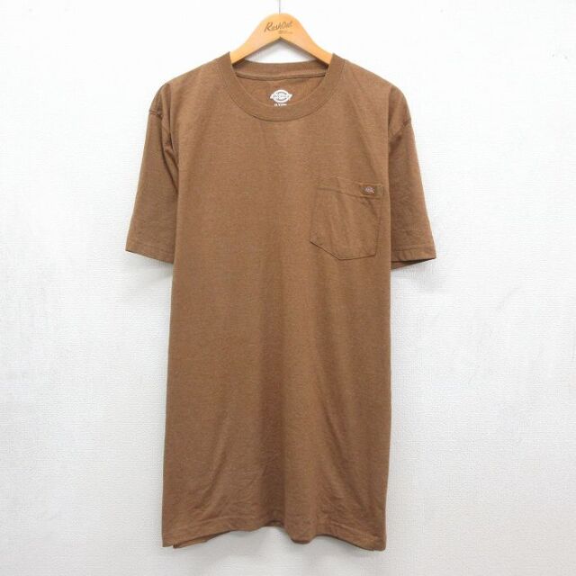 XL★古着 ディッキーズ 半袖 ブランド Tシャツ メンズ 無地 胸ポケット付き 大きいサイズ ロング丈 ブラウン 霜降り【spe】 26jul30
