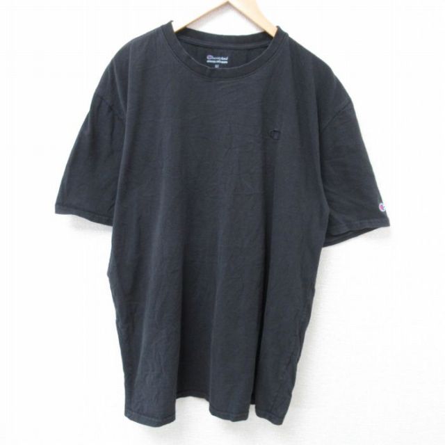 XL★古着 チャンピオン Champion 半袖 ブランド Tシャツ メンズ ワンポイントロゴ 大きいサイズ ロング丈 コットン クルーネック 黒 ブラック 25apr01 中古