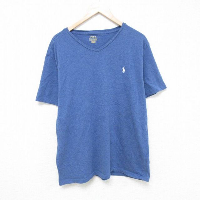 XL★古着 ラルフローレン Ralph Lauren 半袖 ブランド Tシャツ メンズ ワンポイントロゴ Vネック 青系 ブルー 霜降り 25jun05 中古