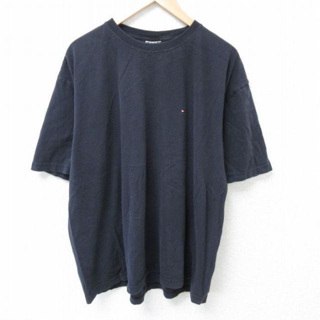 XL★古着 トミーヒルフィガー TOMMY HILFIGER 半袖 ブランド Tシャツ メンズ 90年代 90s ワンポイントロゴ 大きいサイズ コットン クルーネック 黒 ブラック 25may15 中古