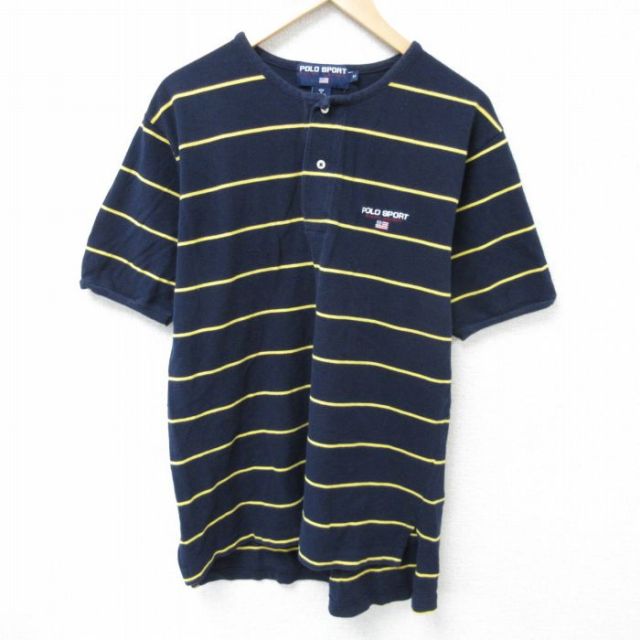 XL★古着 ラルフローレン Ralph Lauren ポロジーンズ 半袖 ブランド Tシャツ メンズ ワンポイントロゴ 鹿の子 コットン ヘンリーネック 紺 ネイビー ボーダー 25may15 中古