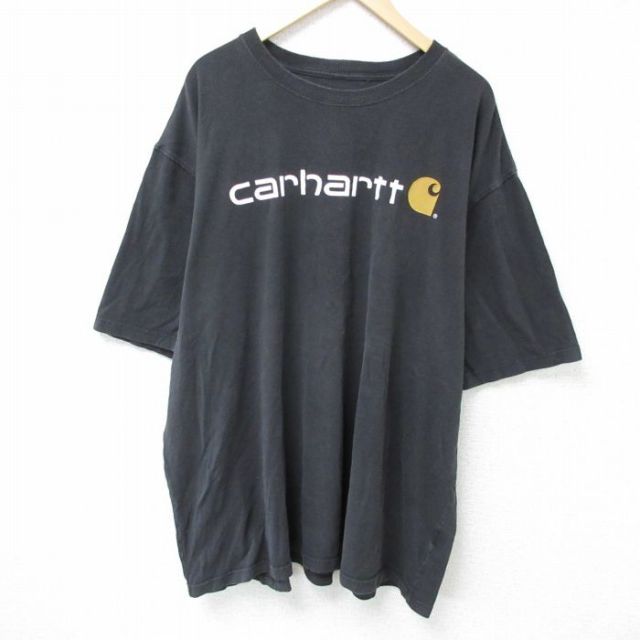 XL★古着 カーハート Carhartt 半袖 ブランド Tシャツ メンズ ビッグロゴ 大きいサイズ ロング丈 コットン クルーネック 黒 ブラック 25may15 中古
