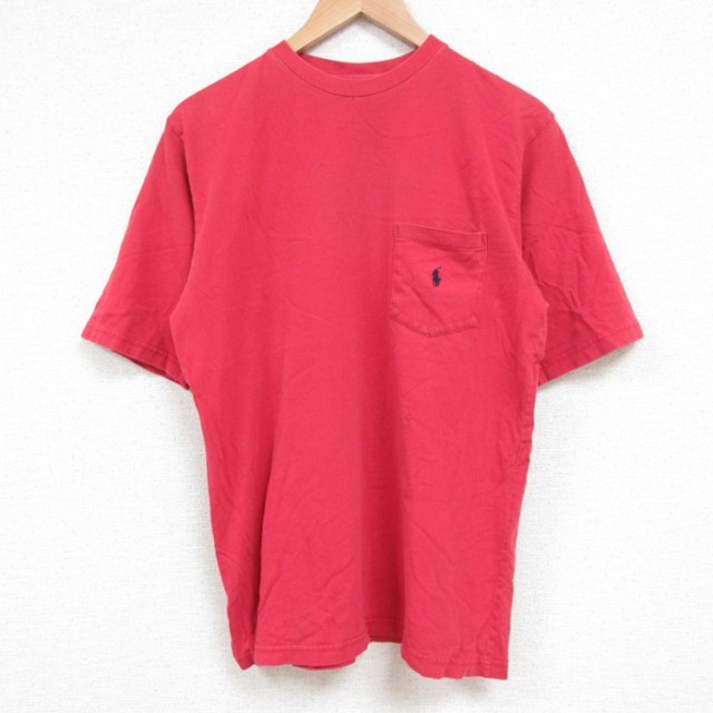 L★古着 ラルフローレン Ralph Lauren 半袖 ブランド Tシャツ メンズ 90年代 90s ワンポイントロゴ 胸ポケット付き コットン クルーネック 赤 レッド 25jun04 中古
