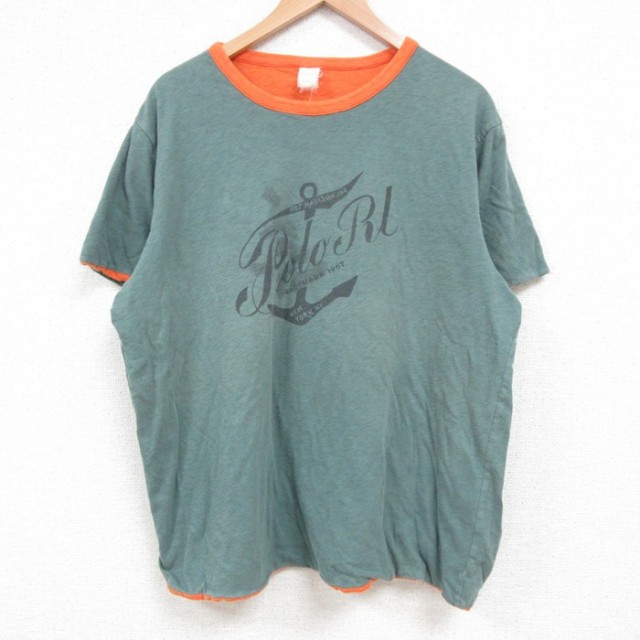 XL★古着 ラルフローレン Ralph Lauren 半袖 ブランド Tシャツ メンズ リバーシブル コットン クルーネック 薄緑 グリーン 25jun04 中古