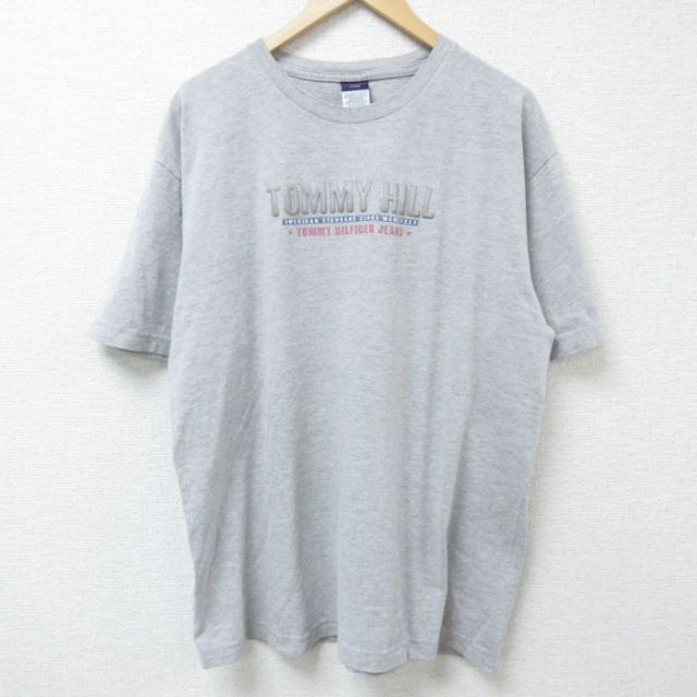 XL★古着 トミーヒルフィガー TOMMY HILFIGER トミージーンズ 半袖 ブランド Tシャツ メンズ ビッグロゴ 大きいサイズ クルーネック グレー 霜降り 25may22 中古