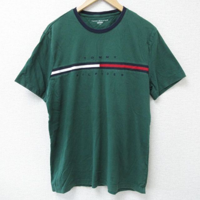 L★古着 トミーヒルフィガー TOMMY HILFIGER 半袖 ブランド Tシャツ メンズ ビッグロゴ コットン クルーネック 緑 グリーン 25may22 中古